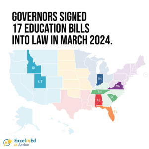 Instagram sample 1, a map of the U.S. with states highlighted and text at the top that says "Governors signed 17 education bills into law in March 2024"